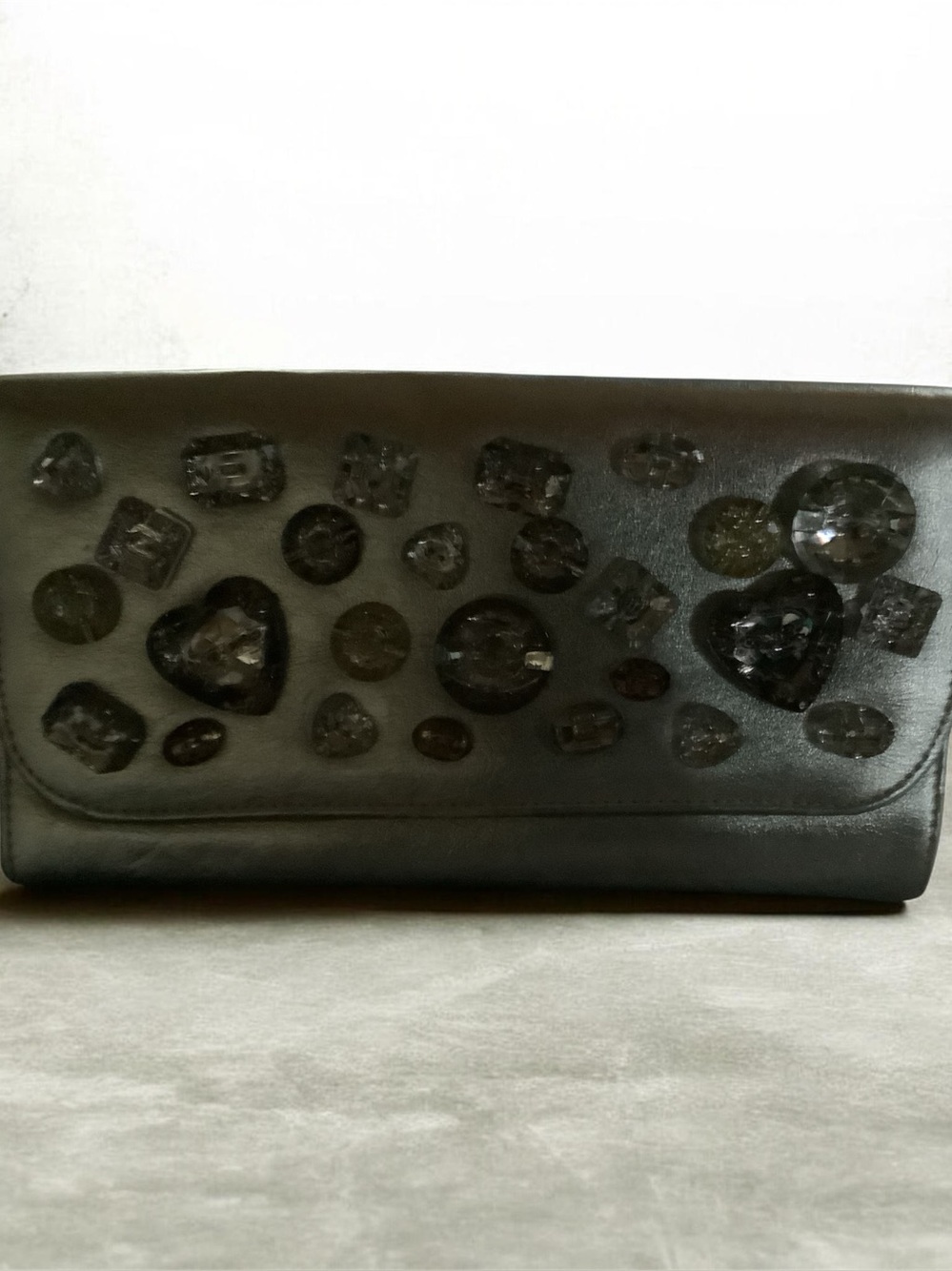 Silver Embellished Clutch Bag with Gem Accents